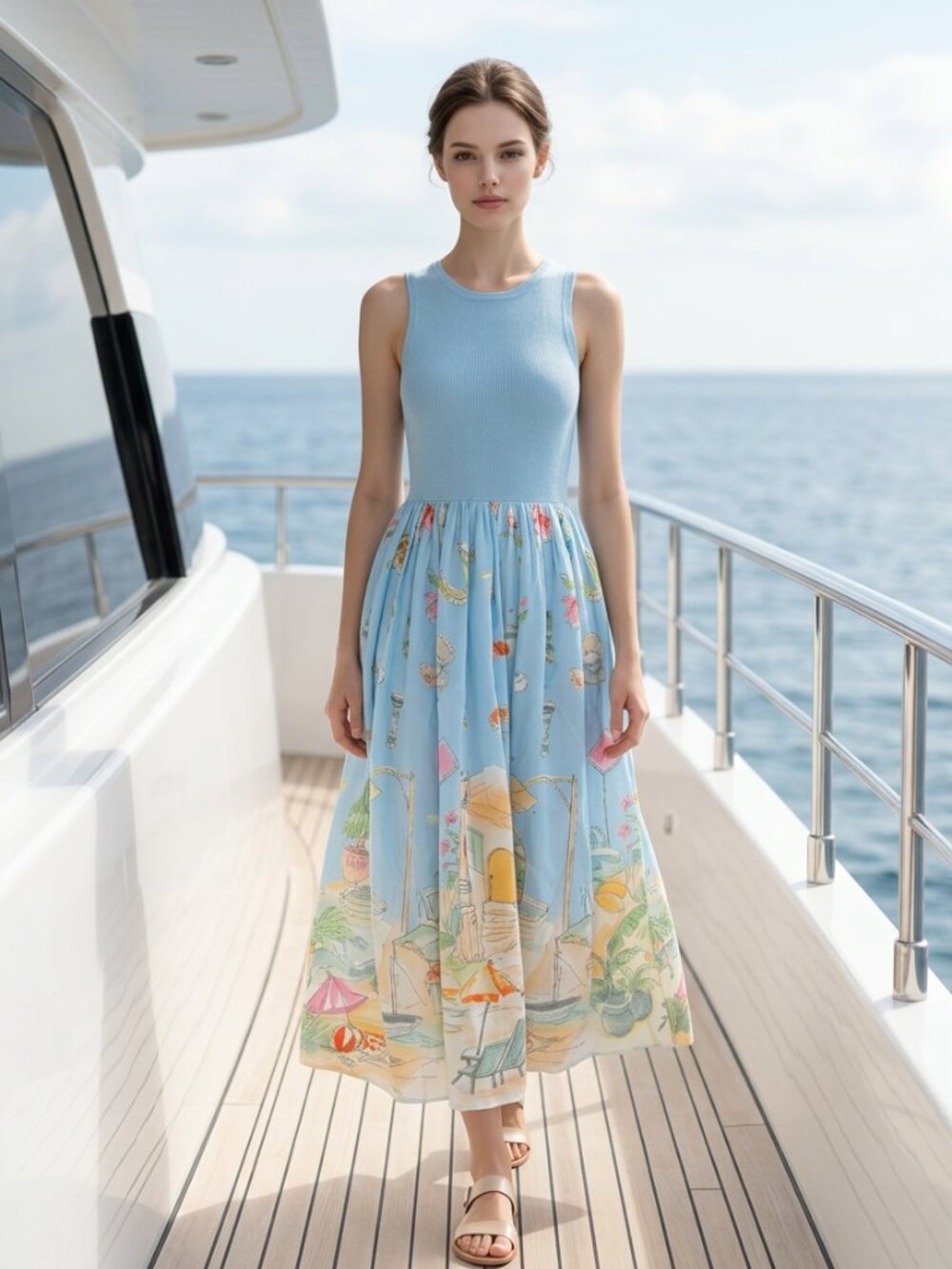 NWOT Moon River Coastal Print Midi Dress Blue White Size S